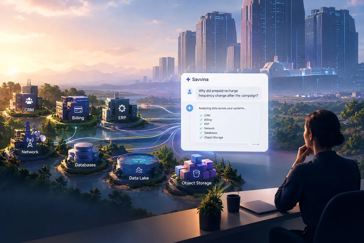 A company’s data estate drawn as islands: CRM, billing, ERP, network, databases, a data lake and object storage, each on its own ground. A Savvina chat window floats above them, answering “Why did prepaid recharge frequency change after the campaign?” while a city of towering platforms stands on the horizon.